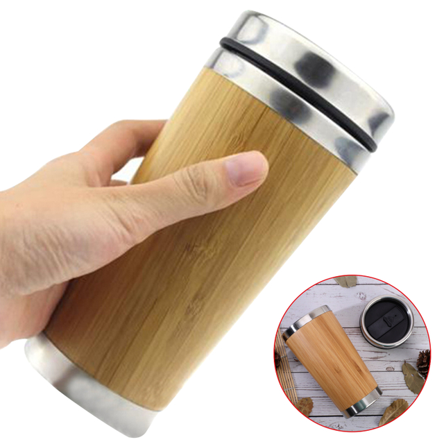 450ml Double Wall Stainless Steel Bamboo Shell Coffee Mug For Travel & Office
