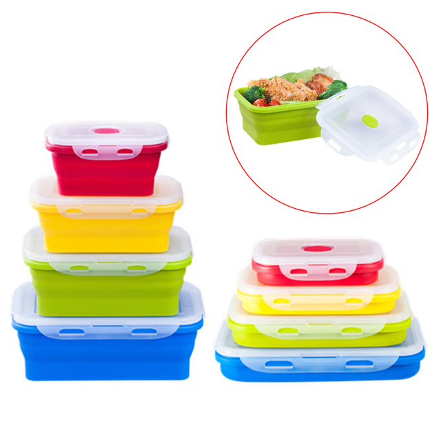 Silicone Folding Lunch Box with Lid 350ML/500ML/800ML/1200ML 4-piece Set Silicone Square Portable Folding Lunch Box