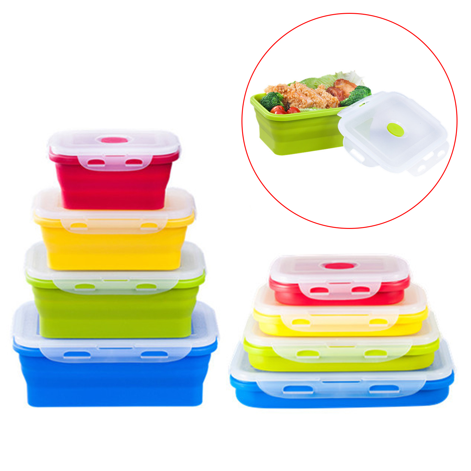 Silicone Folding Lunch Box with Lid 350ML/500ML/800ML/1200ML 4-piece ...