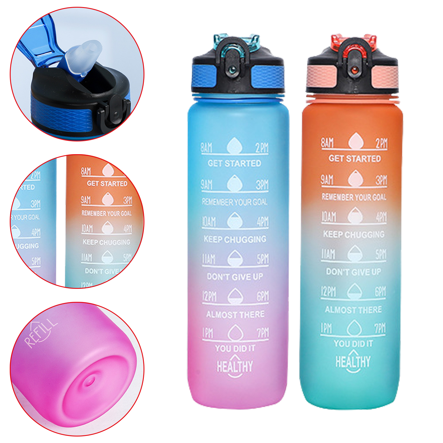 1 Liter Sports Water Bottle with Straw Outdoor Travel Portable Clear 32oz Plastic Water Bottle