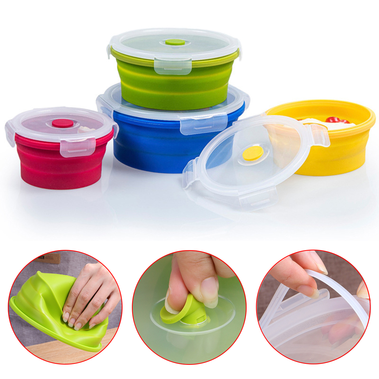 Silicone Folding Lunch Box with Lid 350ML/500ML/800ML/1200ML 4-piece Set Round Silicone Portable Folding Lunch Box