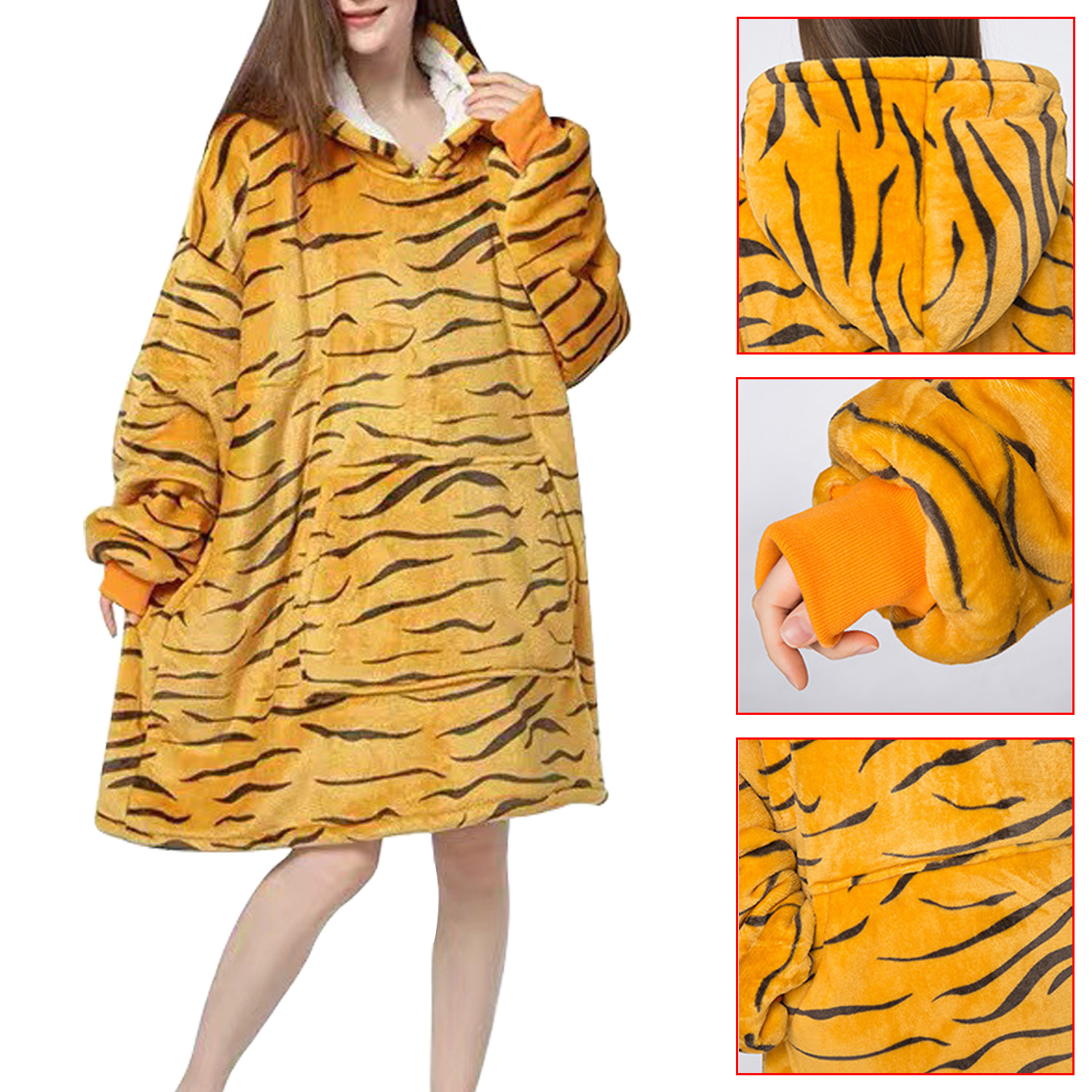 Home Nightwear Pullover TV Blanket with Kangaroo Pocket Flannel Fleece Sleepwear Tie Dye Thickened Nightgown