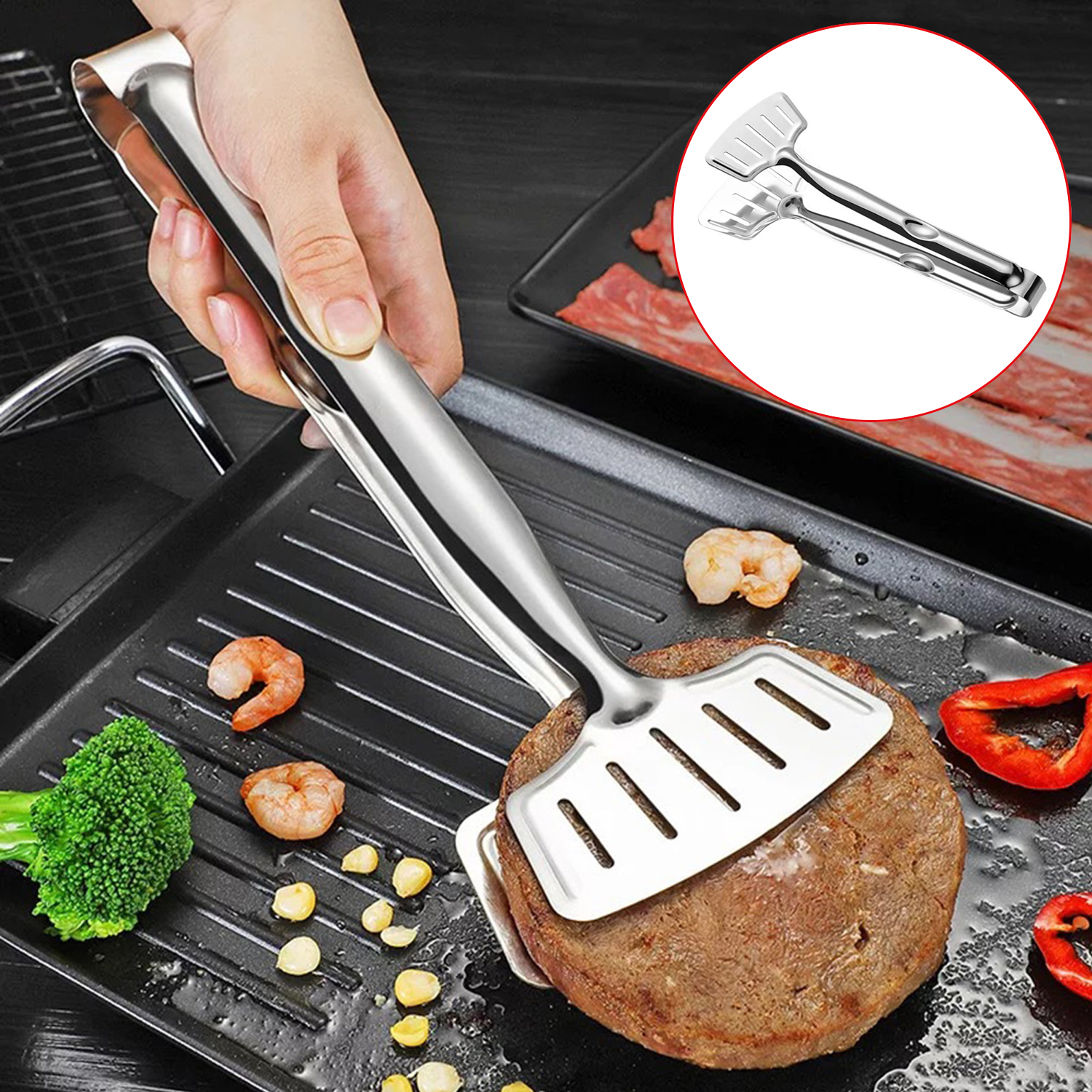 Stainless Steel Roast Fish BBQ Tong Bread Meat Clip Kitchen Cooking Tool Barbecue Grilled Steak Clamp Frying Spatula Fried Shove