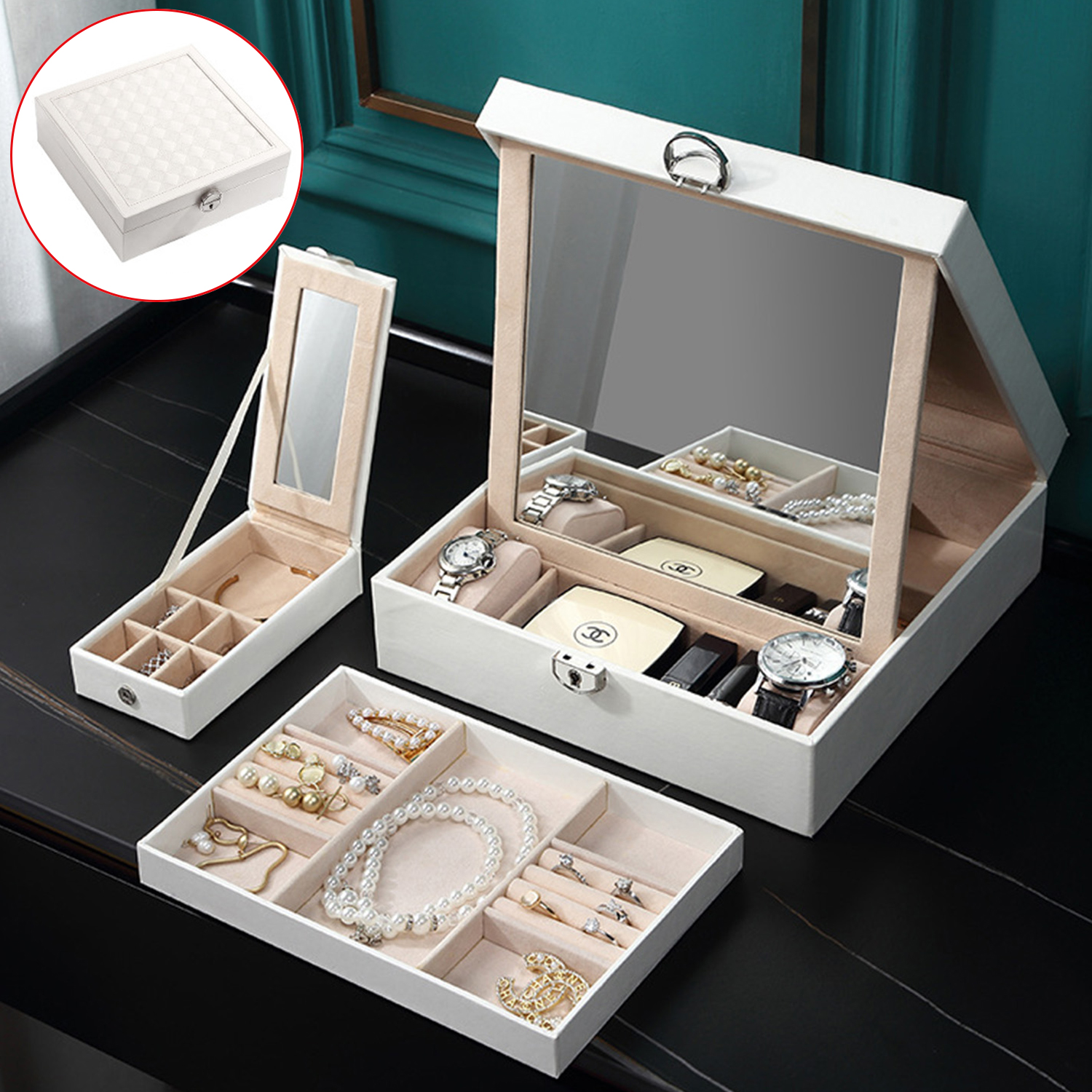 Multifunctional Large Capacity Jewellery Box PU Leather Mirror Jewellery Box With Lock Organizer Storage Case