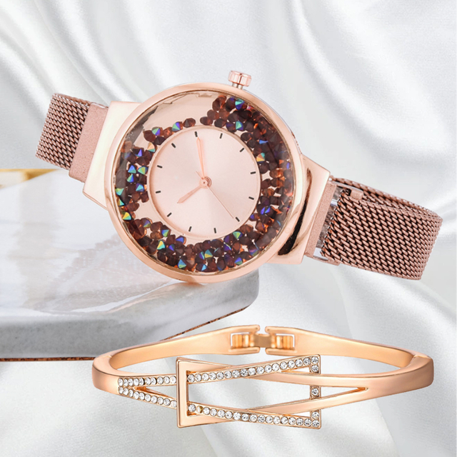 Ladies Jewelry Watches Quartz Magnet Buckle Movable Rhinestones Women Wristwatches Gift Set 