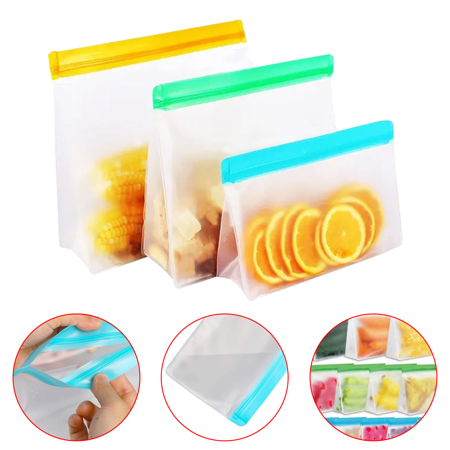 Reusable Food Storage Bags PEVA Safe Food Storage Bag Double Ziplock Seal Freezer Bags Refrigerator Fresh Bag