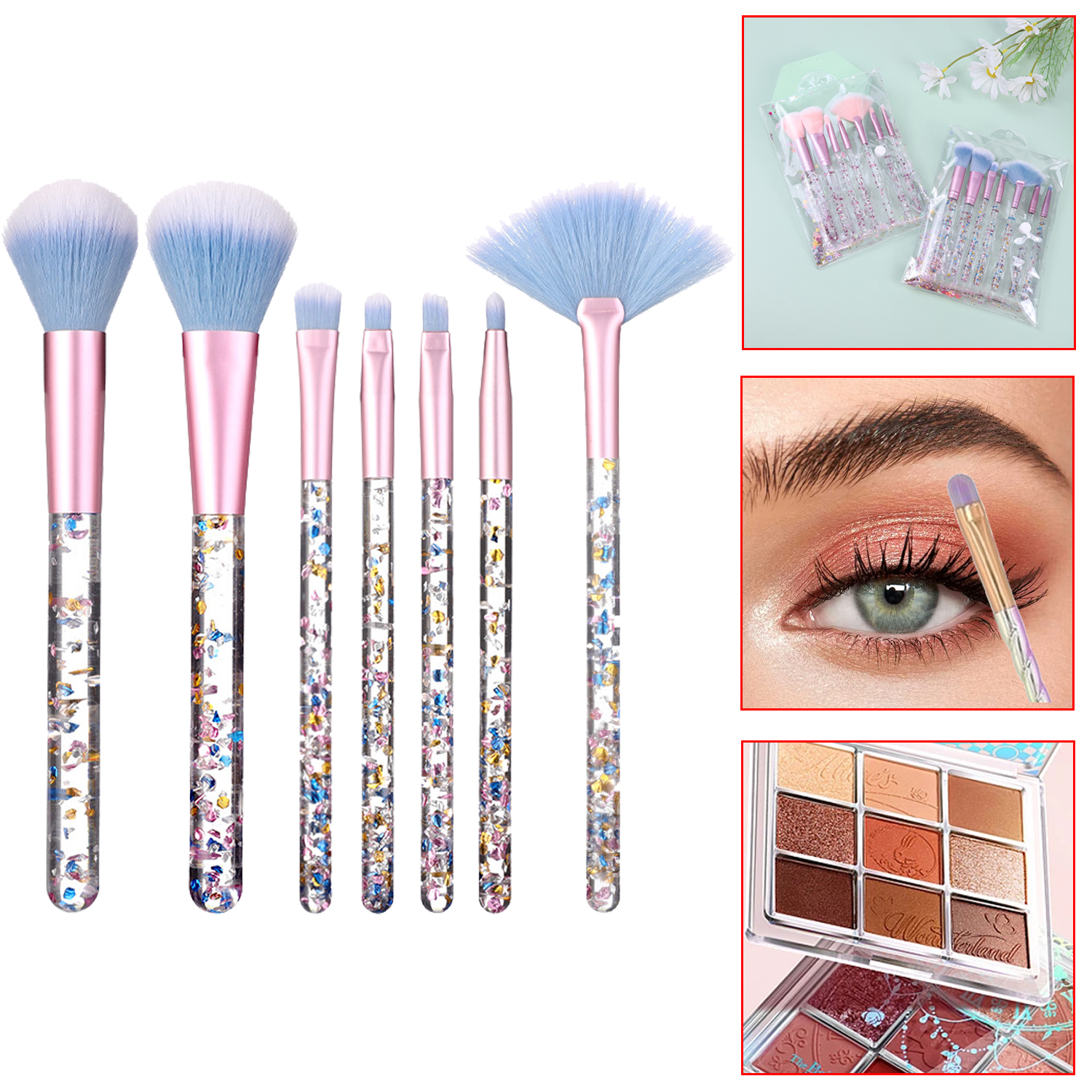 Wholesale Multi Function 7 Pcs Makeup Brush Set Synthetic Hair Crystal Glitter Bling Handle Face Makeup Brushes Set