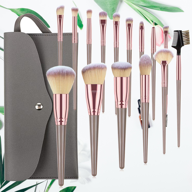15Pcs Bling Makeup Brush Set With Gray Pouch Makeup Brushes Vegan Makeup Brushes Synthetic Hair Plastic Handle