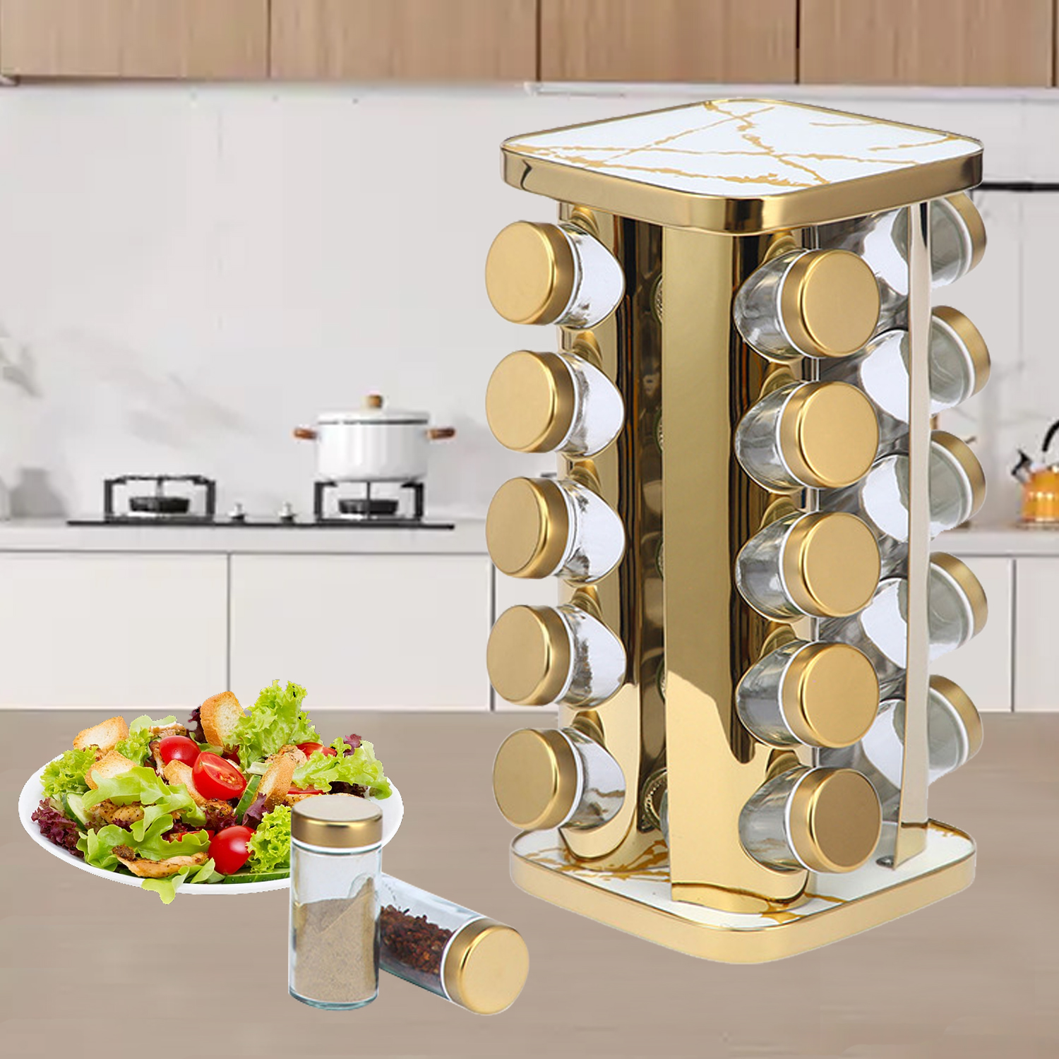 360 Degrees Rotating Spice Rack with 12 Pcs 16 Pcs 20 Pcs Seasoning Jars,Rounded Square Revolving Tower Organizer Marble-Grain Stainless Steel for Kitchen Storage Rack