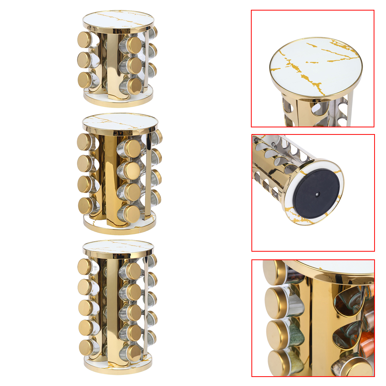 360 Degrees Rotating Spice Jar Rack with 12 / 16 / 20 Pcs Seasoning Jars Revolving Tower Organizer Marble-Grain Stainless Steel for Kitchen Storage Rack