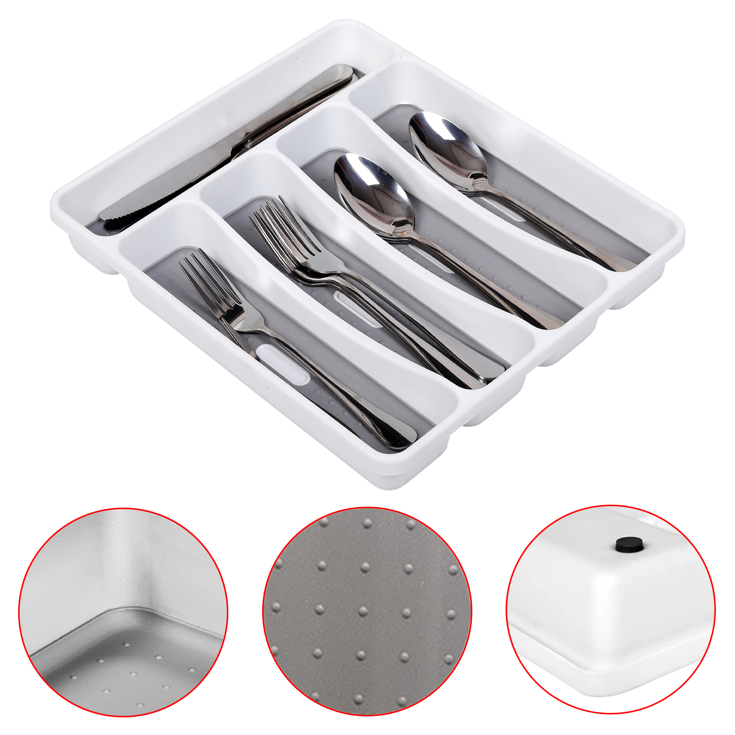 Cutlery Storage Tray Large Silverware Tray 5 Compartments Kitchen Drawer Organizer with Soft-Grip Lining And Non-Slip Rubber Feet