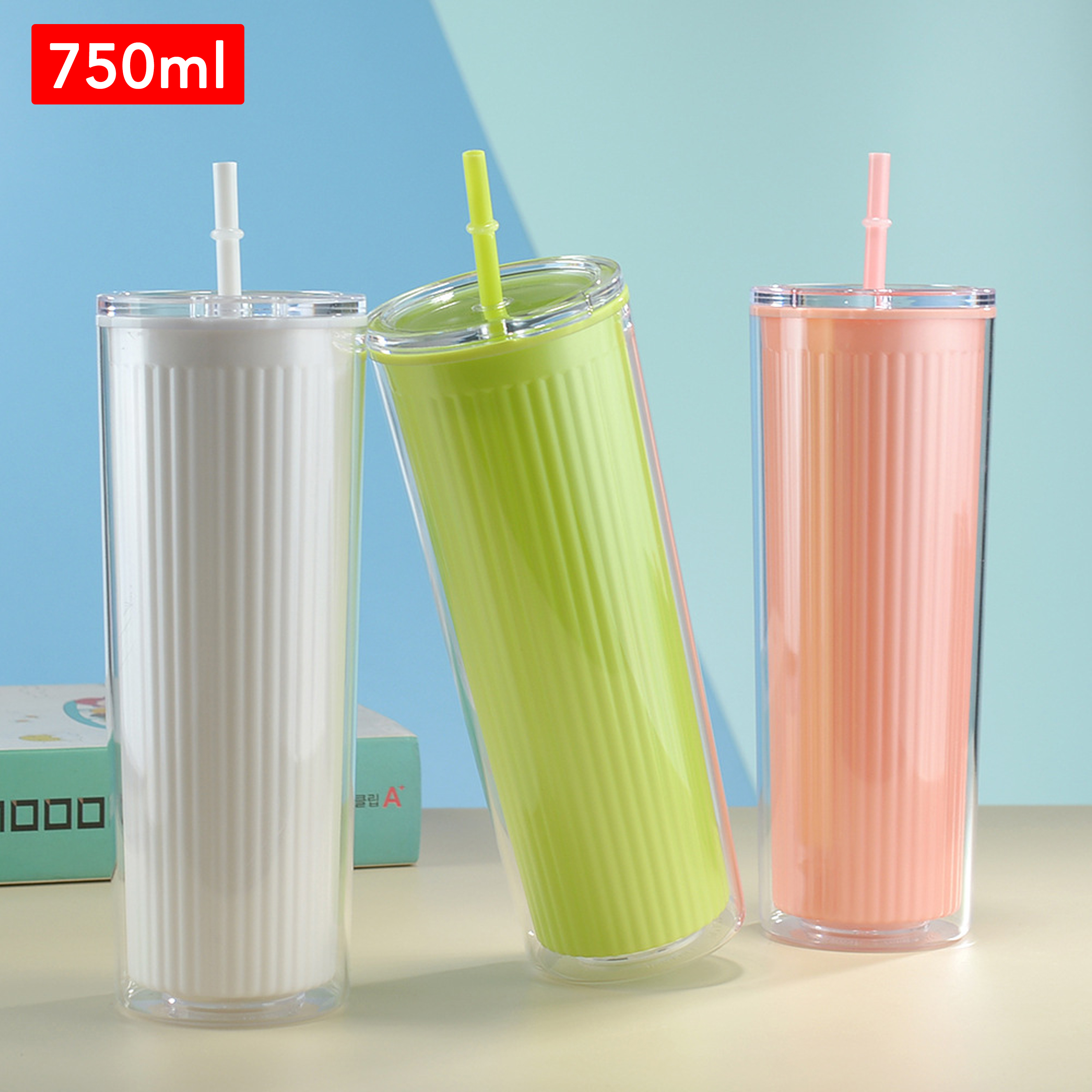 4-Piece Set 750ml Double-Walled Plastic Straw Cup