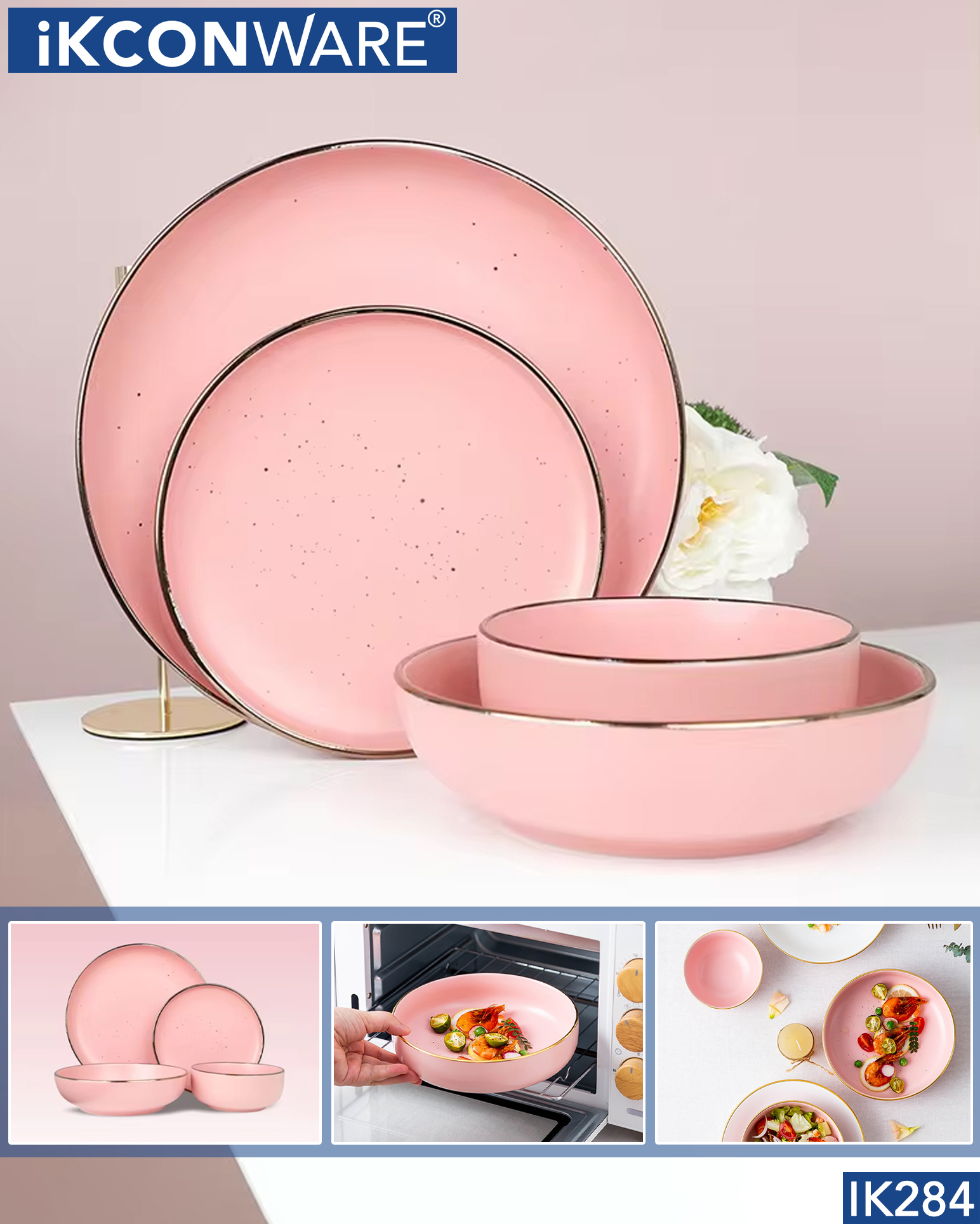 Elevate Your Dining Experience with The Ceramic Dinner Matt Pink Luxury Gold Rim Stoneware Dinnerware Set