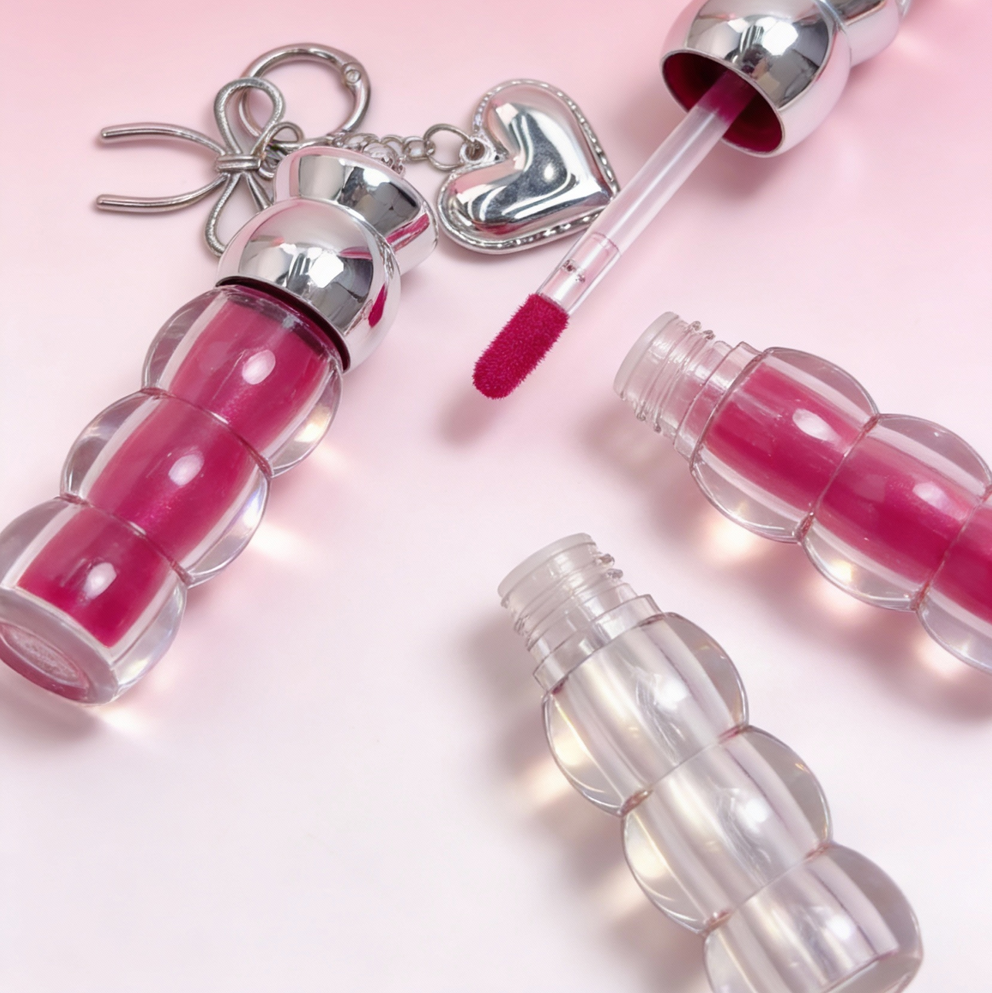 Heart-bow Charm Lip Gloss Keychain Portable Refillable Lip Gloss Dispenser