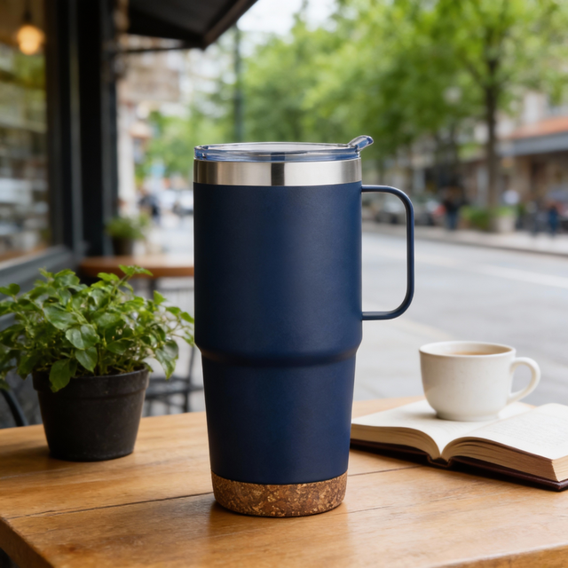 24oz Navy Insulated Tumbler with Handle & Cork Base