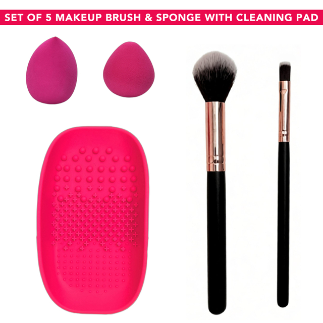 Set of 5 Makeup Brush & Sponge with Cleaning Pad