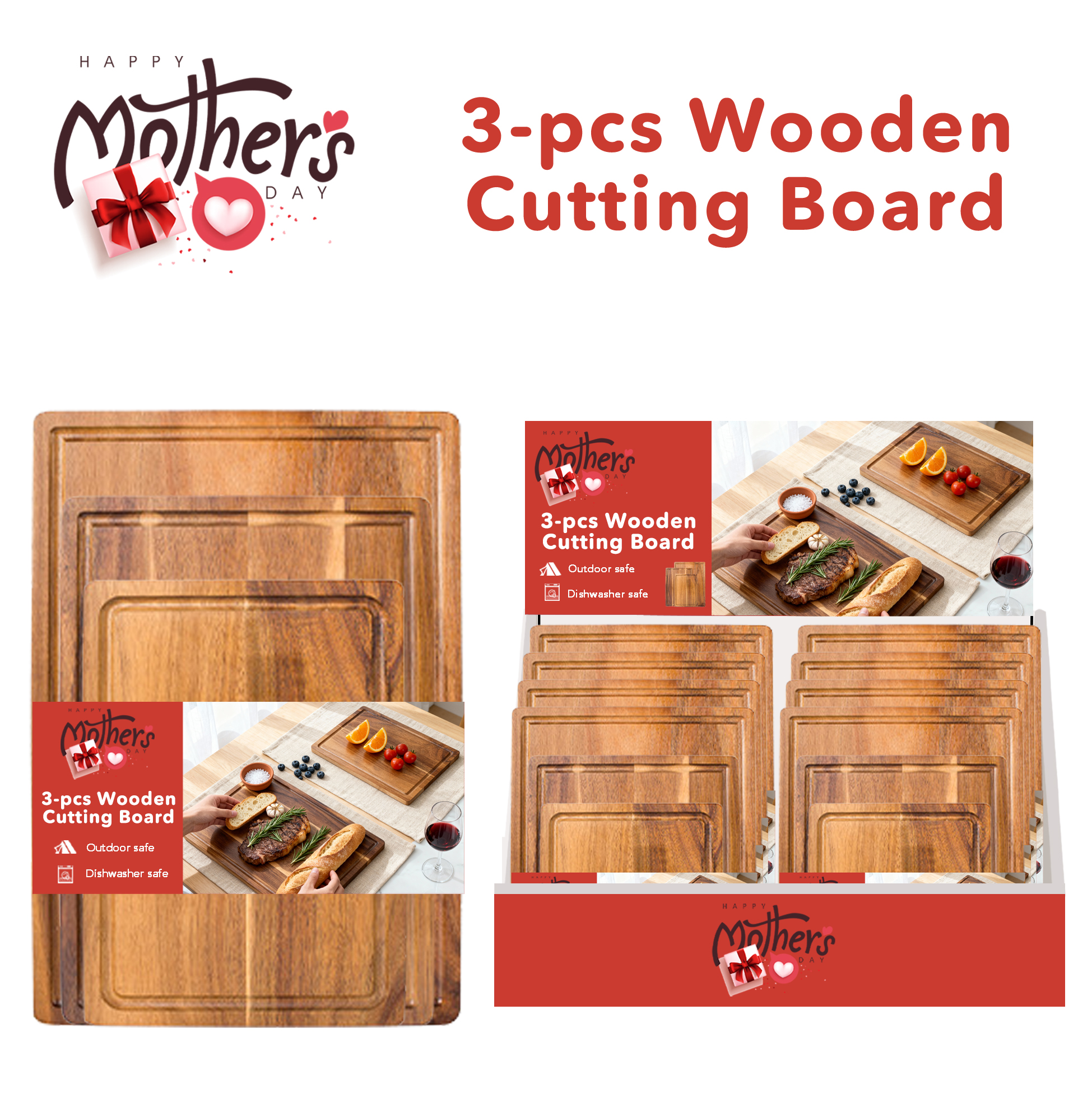 3-piece Wooden Cutting Board Set Rectangular Wood Chopping Board Set