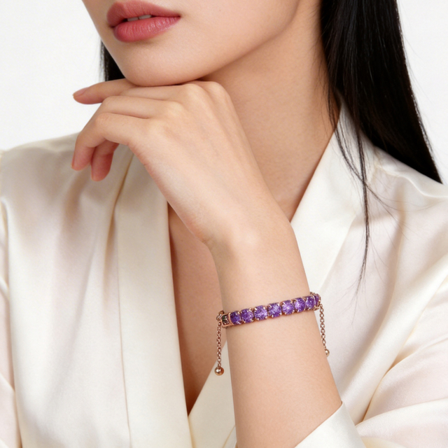 Adjustable Rose Gold Plated Amethyst Tennis Bracelet for Women