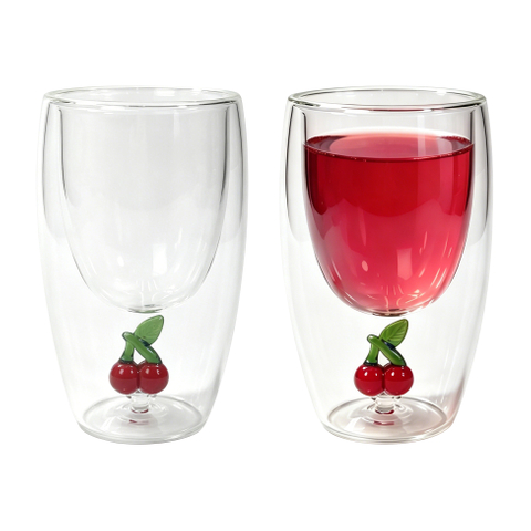 Set of 2 300ml Cherry Double Wall Glass Cup