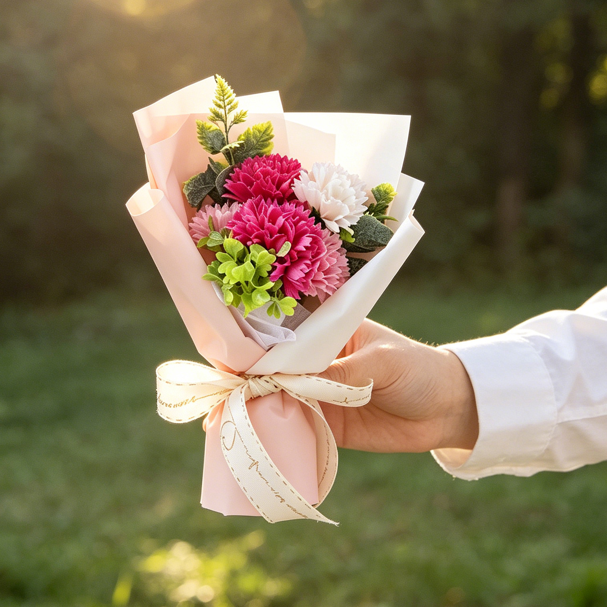 Pink Artificial Carnation Flower Bouquet with Gift Box