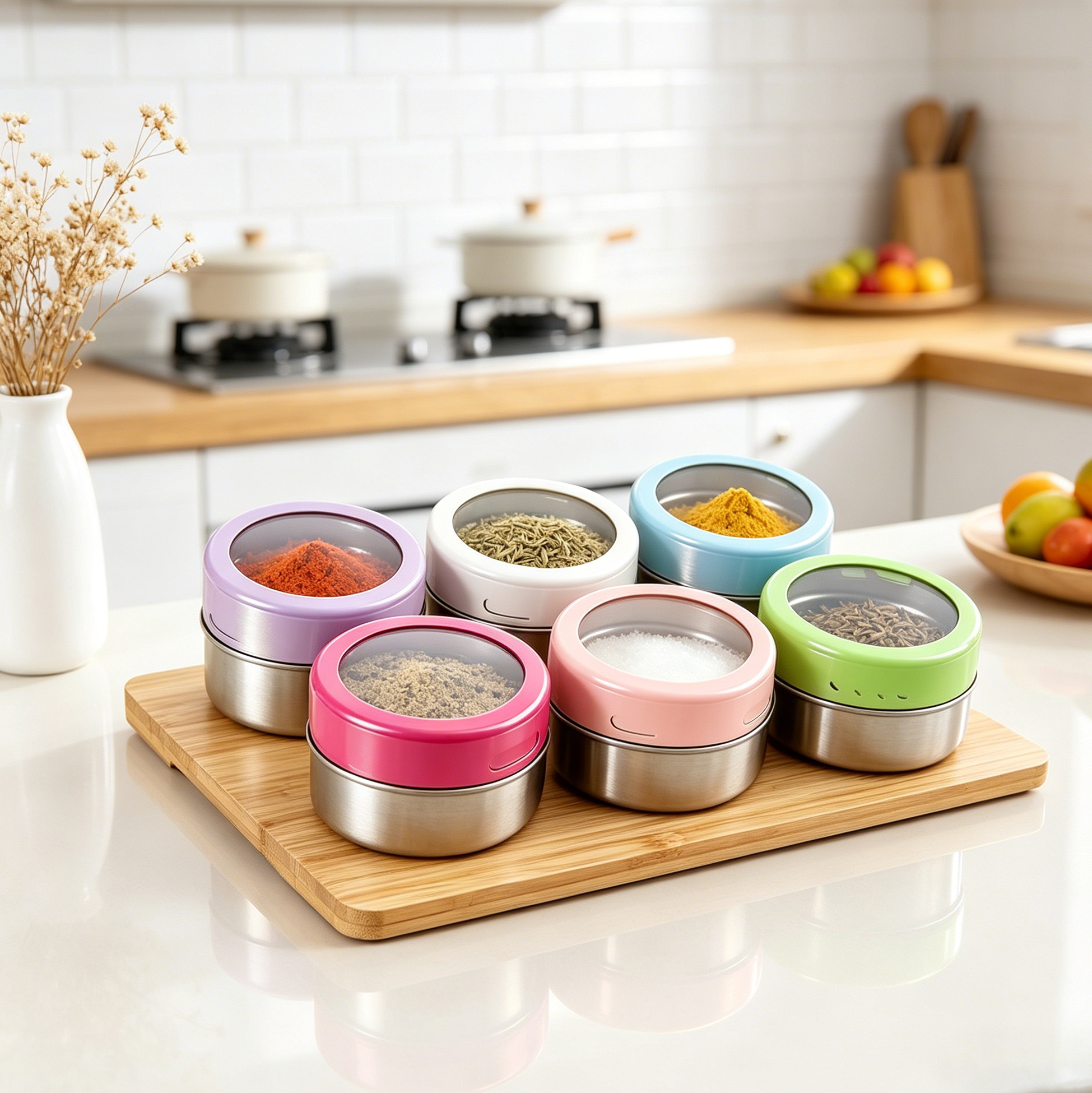 6 Pack Magnetic Spice Jars with Bamboo Base