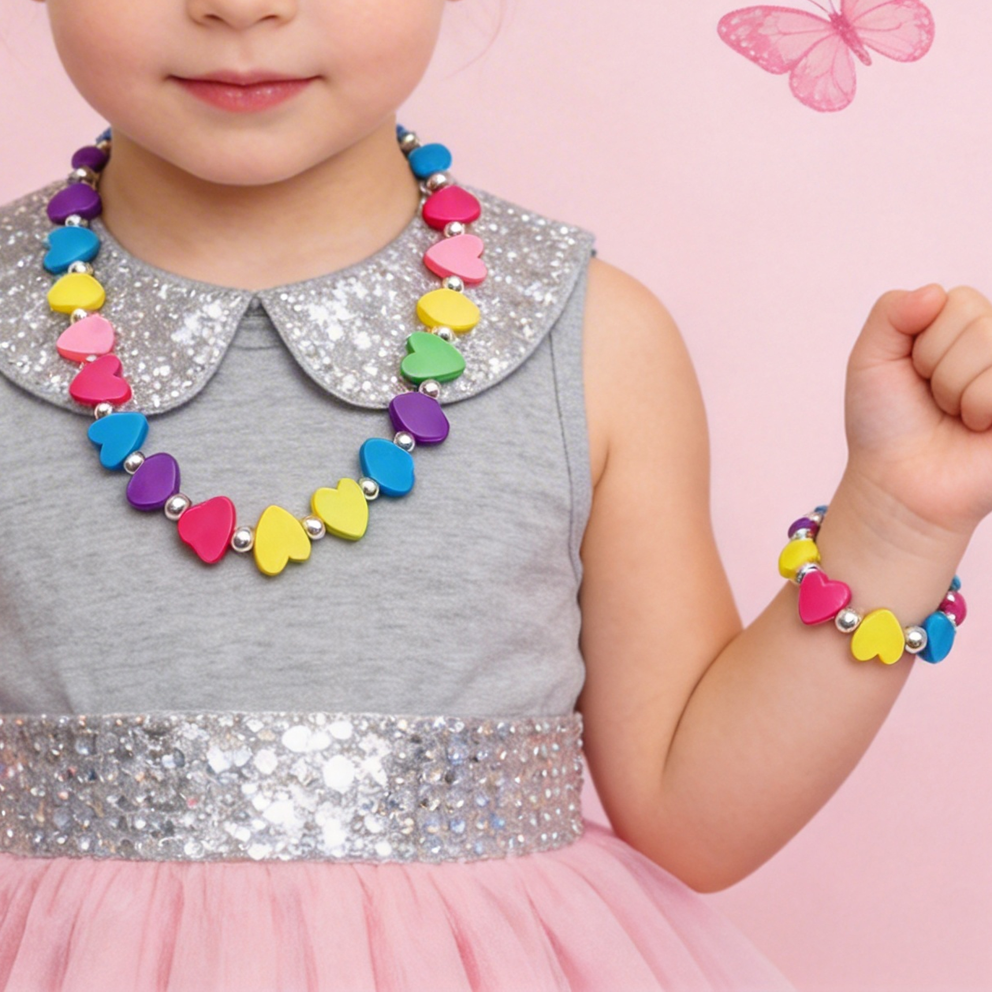 Kids Rainbow Heart Beaded Necklace And Bracelet Set