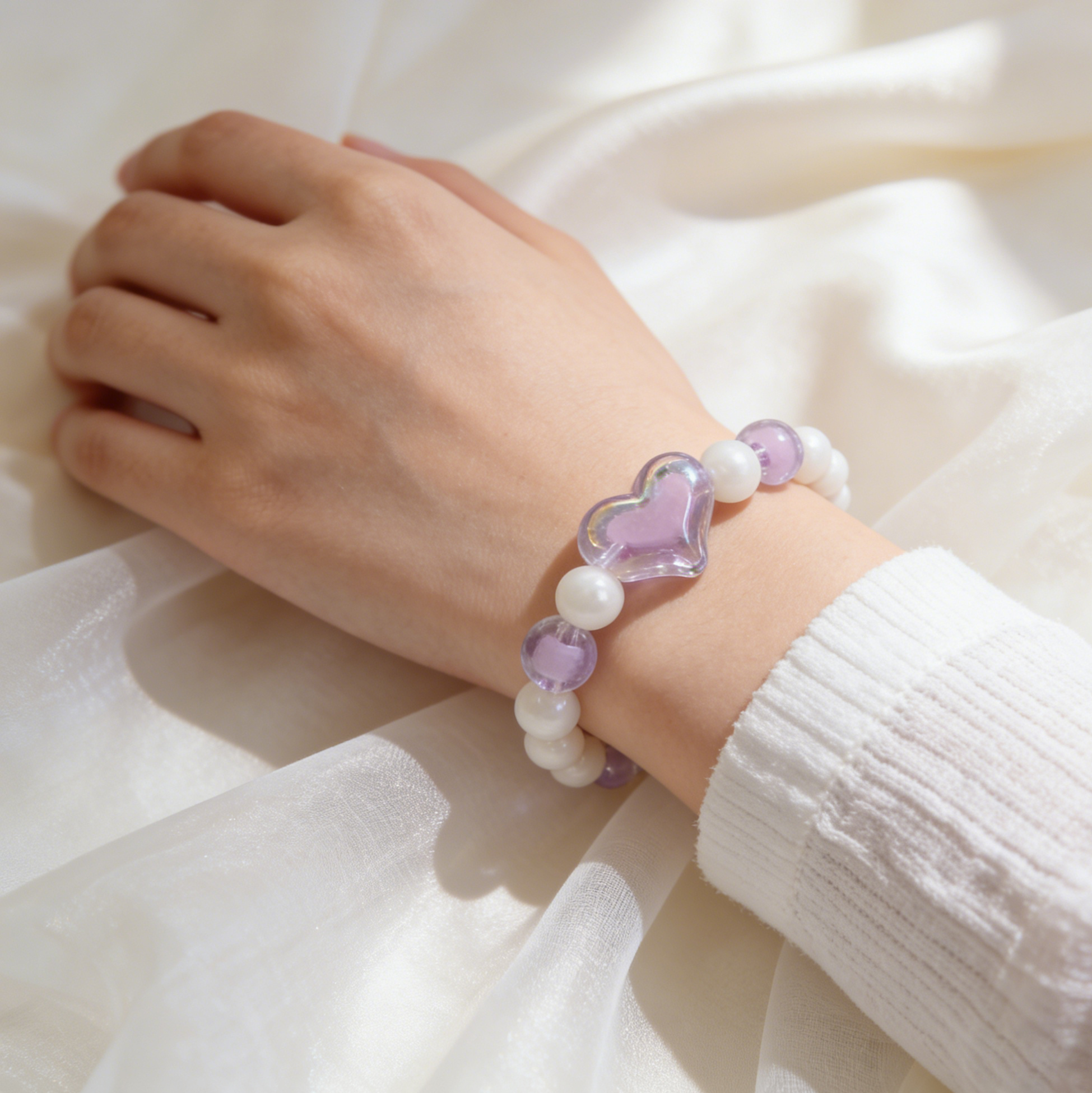 Kids Iridescent Heart Faux Pearl Beaded Bracelet