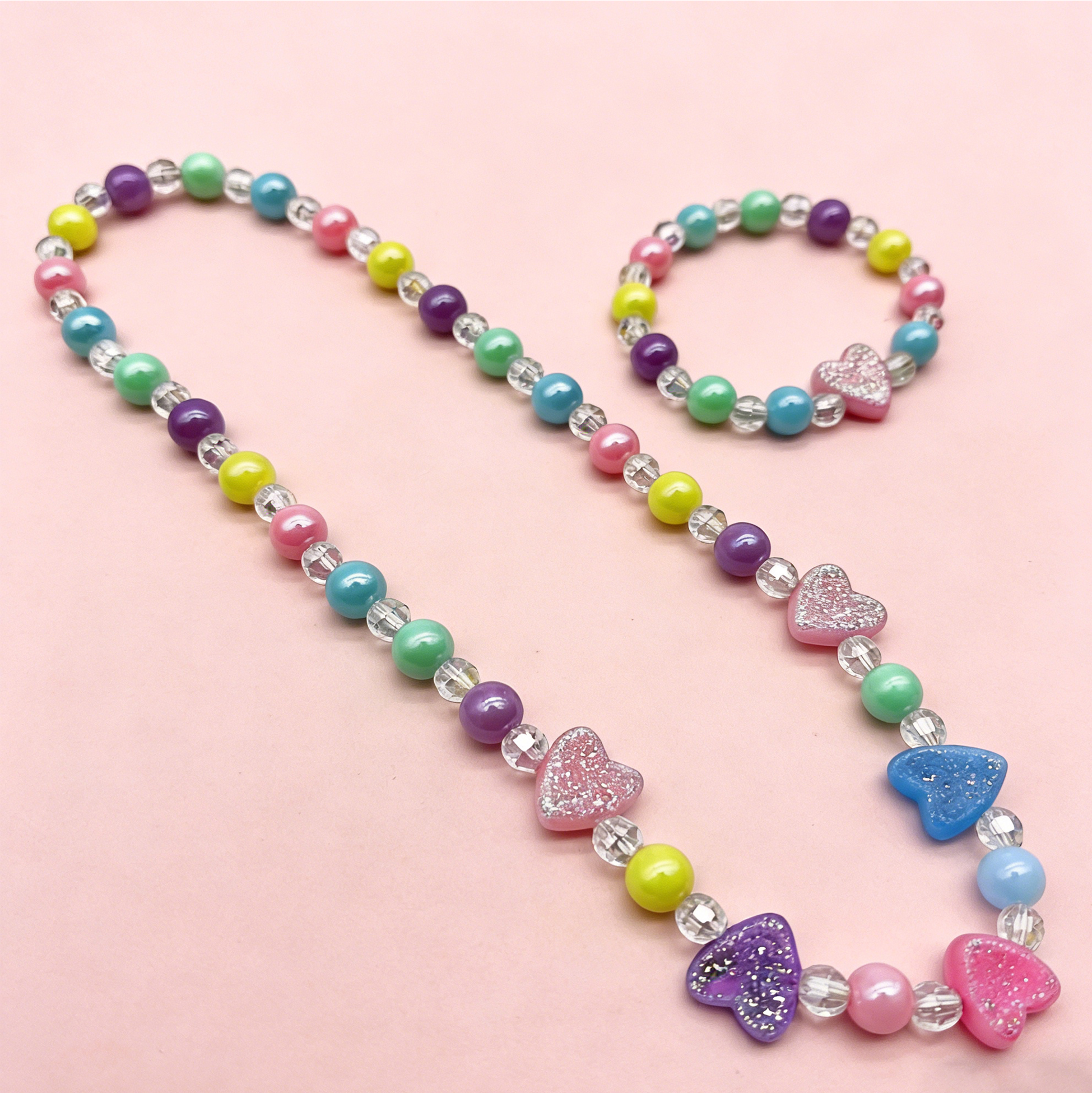 Kids Glitter Heart Beaded Necklace And Bracelet Set