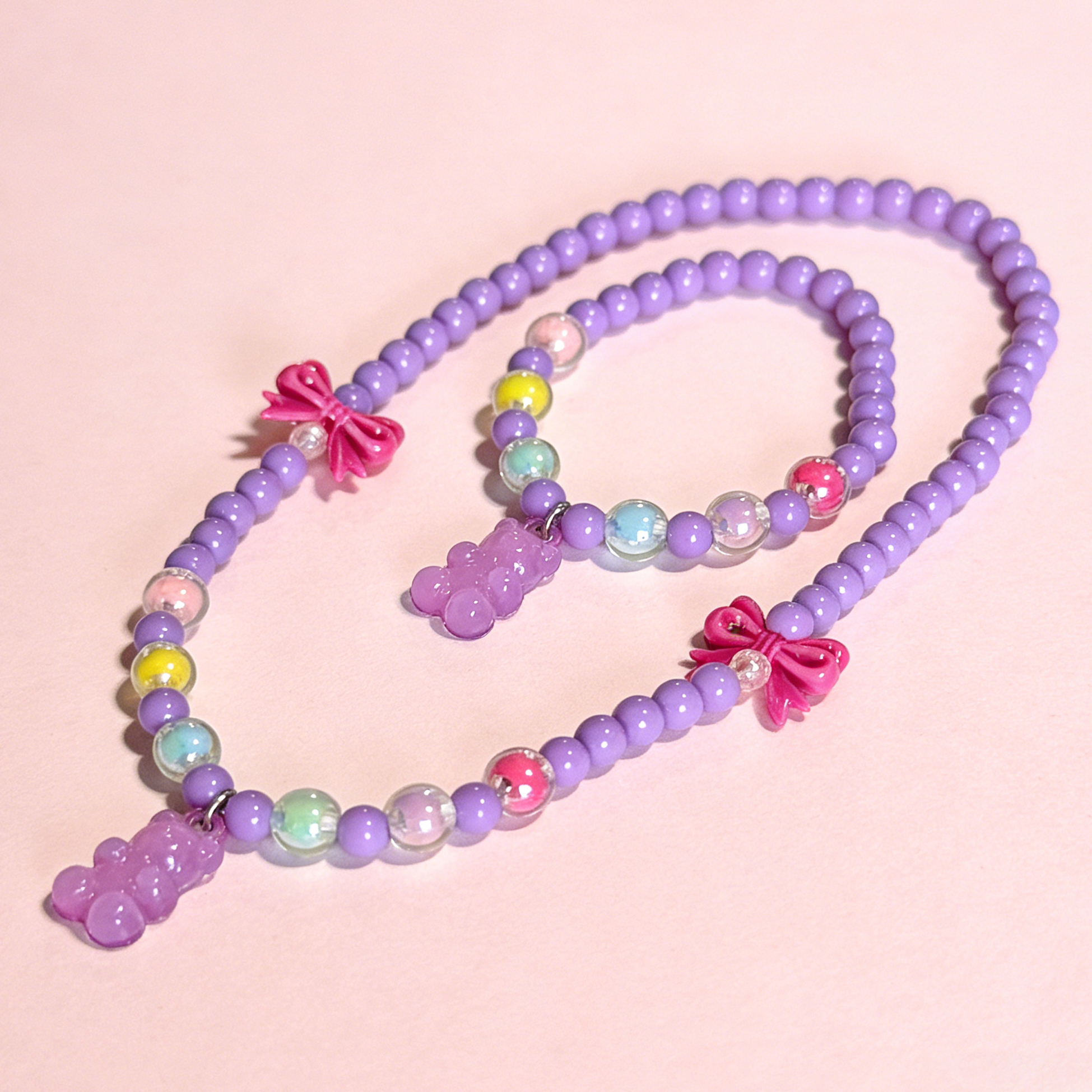 Kids Purple Gummy Bear Beaded Necklace And Bracelet Set