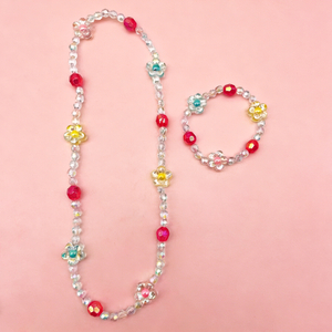Kids Iridescent Flower Beaded Necklace And Bracelet Set