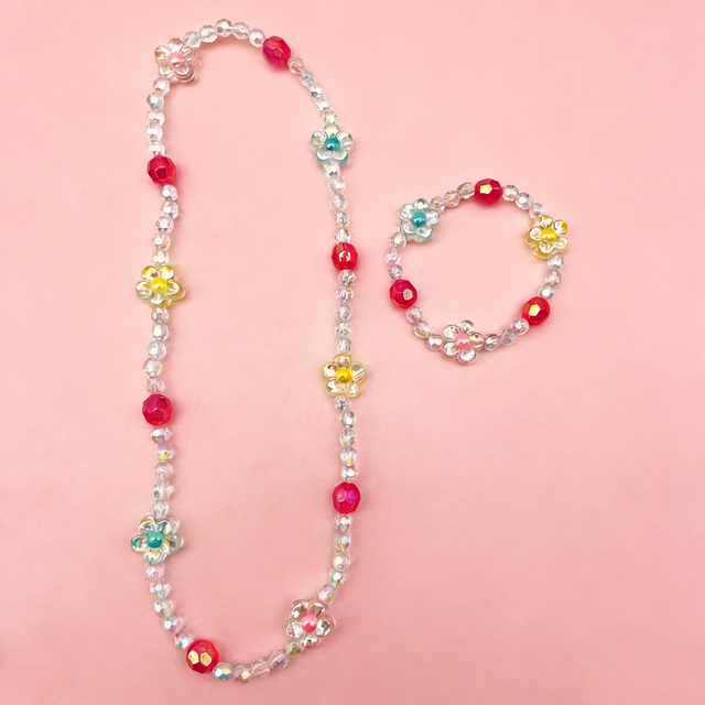 Kids Iridescent Flower Beaded Necklace And Bracelet Set