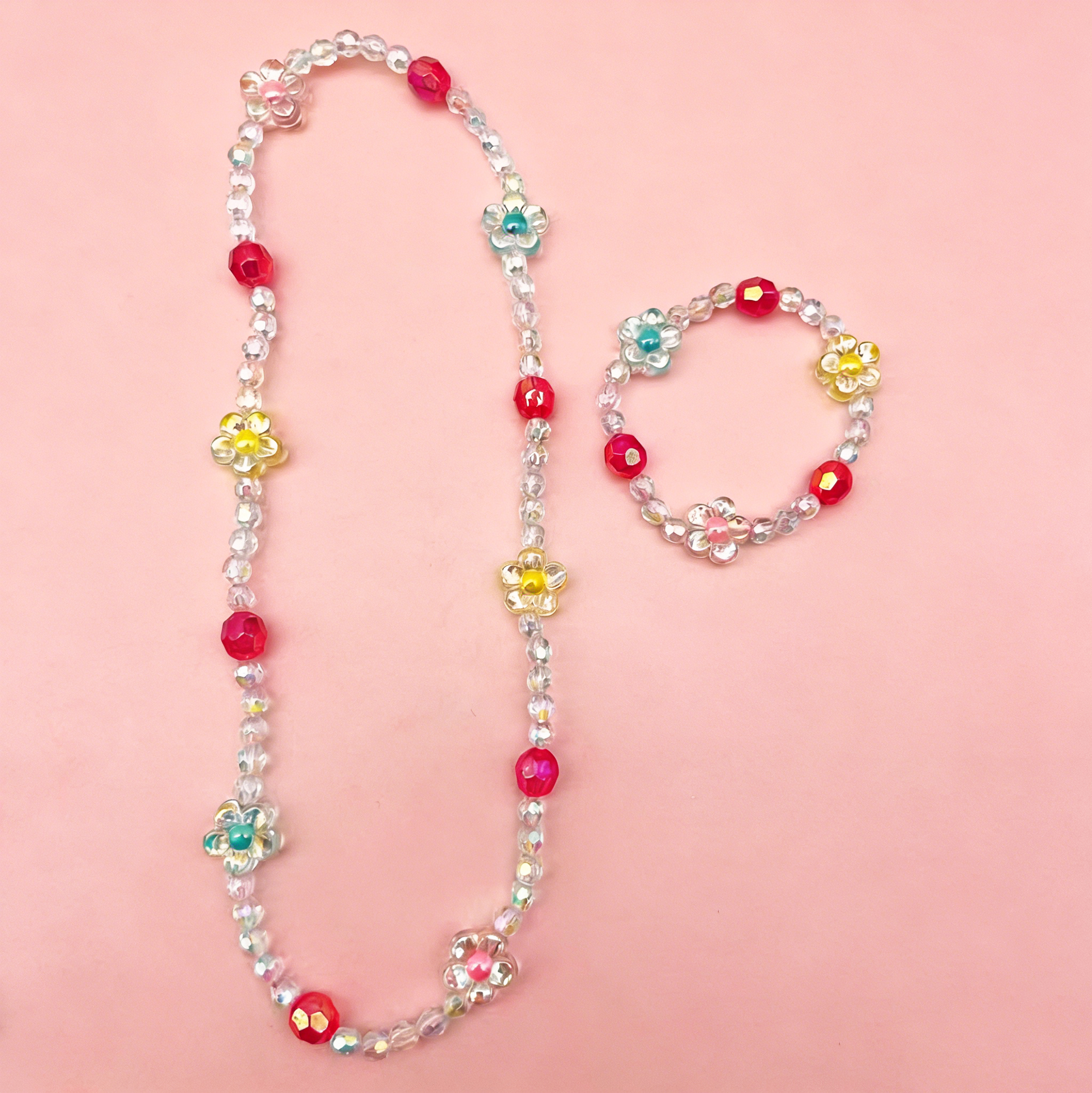 Kids Iridescent Flower Beaded Necklace And Bracelet Set