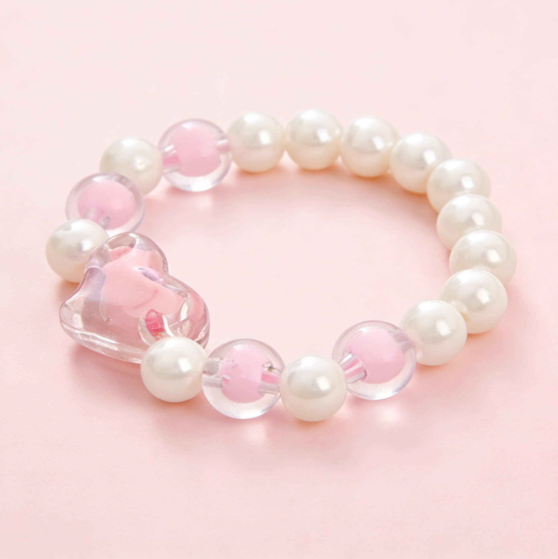 Kids Pink Heart Faux Pearl Beaded Bracelet