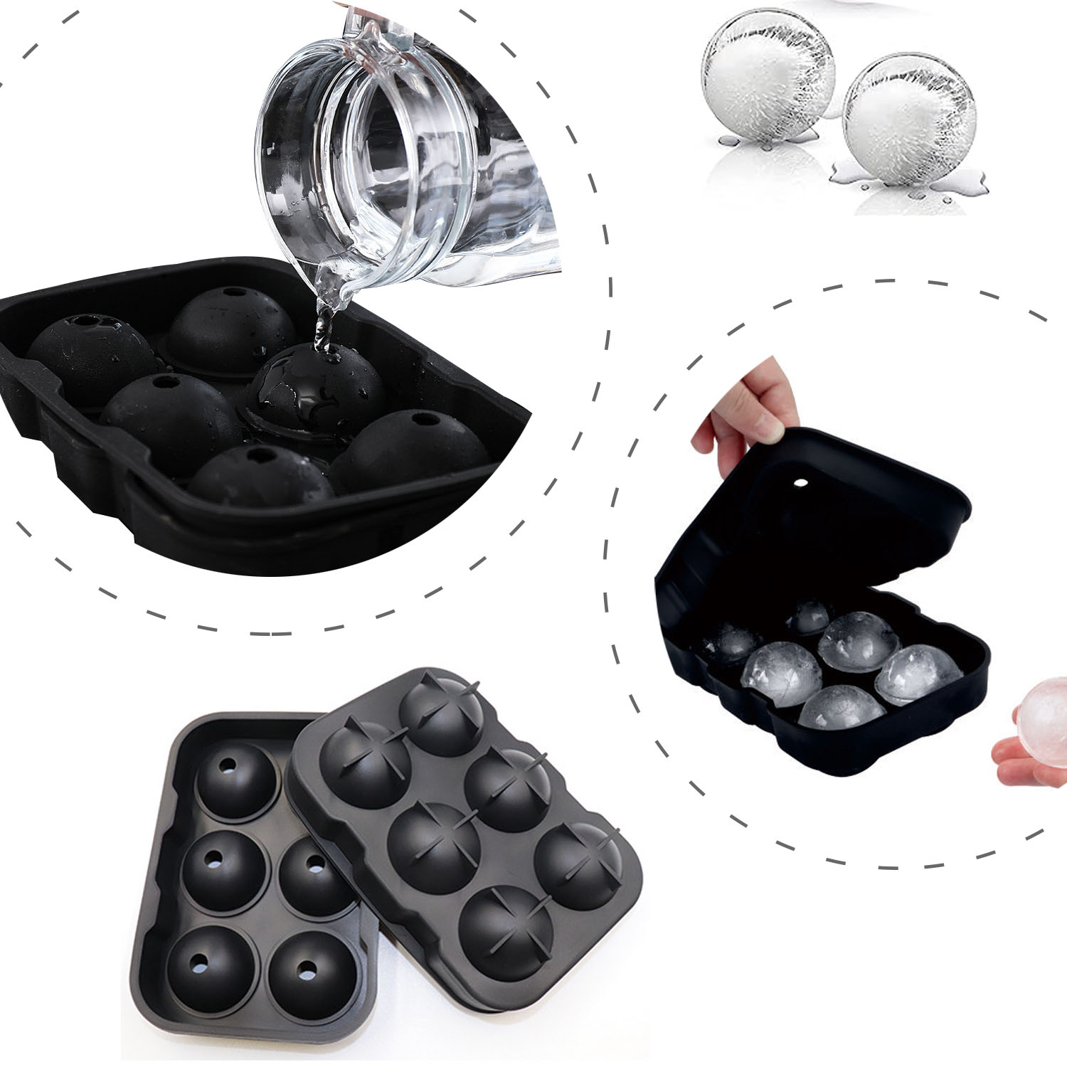 6 Balls Square Spherical Whiskey Ice Cubes Molded Silicone Ice Tray for Whiskey Ice and Cocktails, Food Grade Silicone, Reusable and BPA-Free