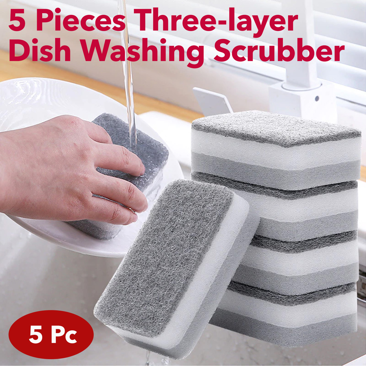 5 Pieces Double-Sided Three-layer Sponge Kitchen Household Dish Washing Scrubber Sponge