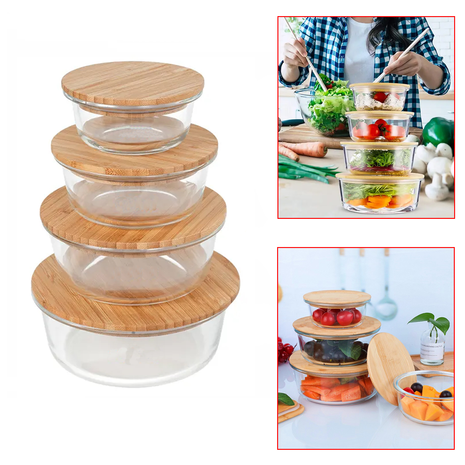 Round Glass Crisper Round Glass Food Container Bamboo Lid 400ml 620ml 950ml 1300ml Eco Friendly Thermal Food Container Lunch Box with Silicon Ring