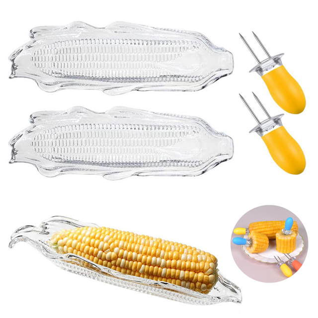 2 Pcs Plastic Corn Trays, 2 Pcs BBQ Corn Twin Prong Sweetcorn Holders For Corn Dishes and Buttering Kits, Pack of 4