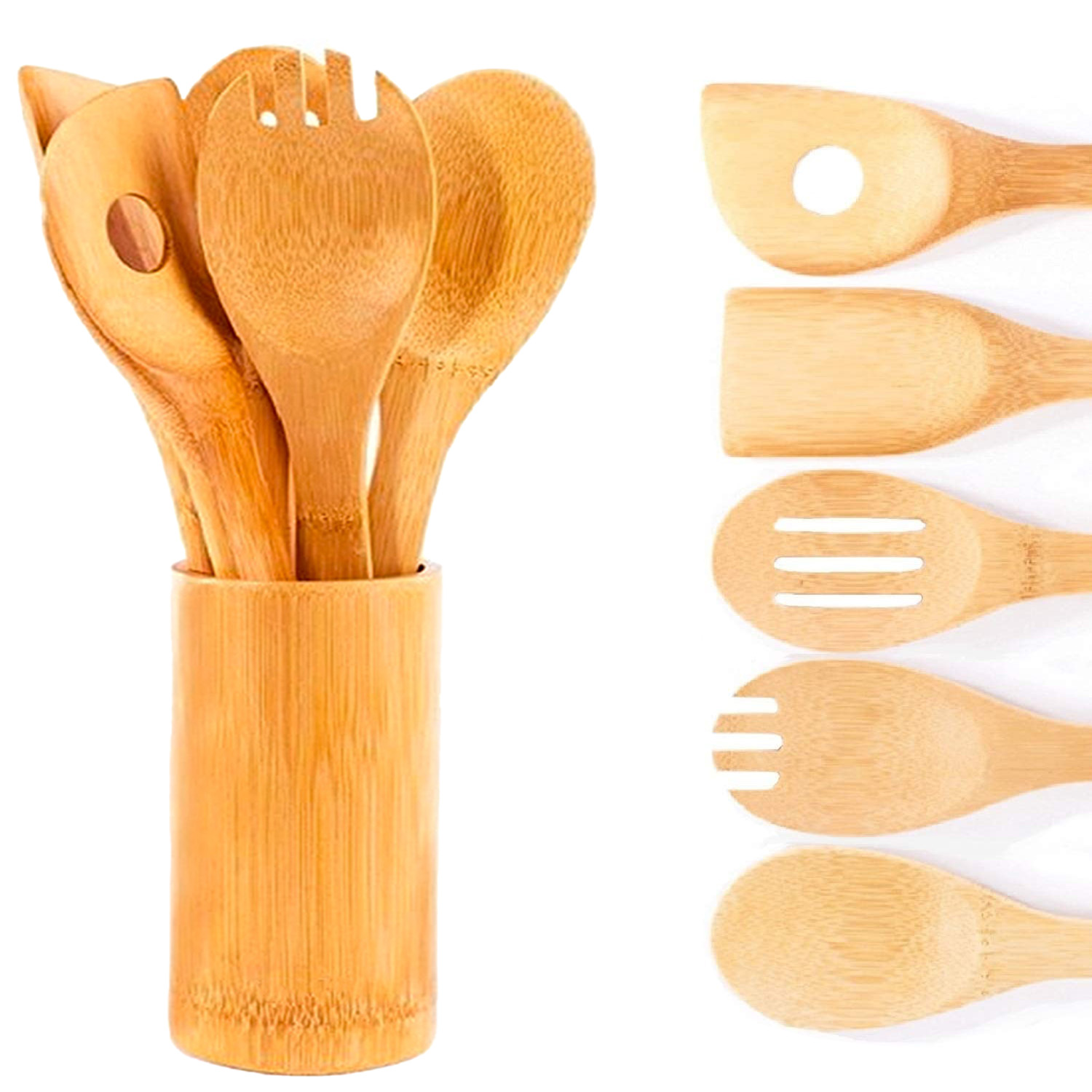 Kitchen Bamboo Spoon Cooking Utensils Set Natural Teak Wooden Spoons Handle Cooking Bamboo Utensils Set