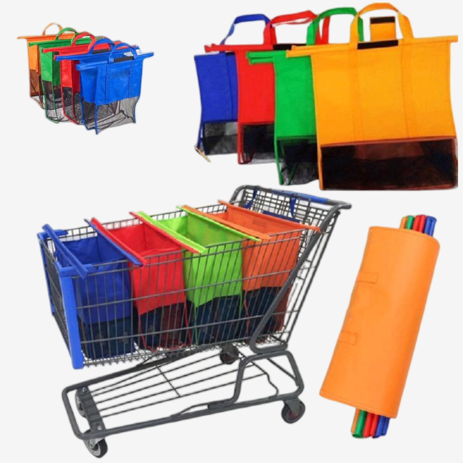 4 Pack Reusable Grocery Shopping Cart Bags With Different Colors Easy to Use and Heavy Duty-Cart Grocery 