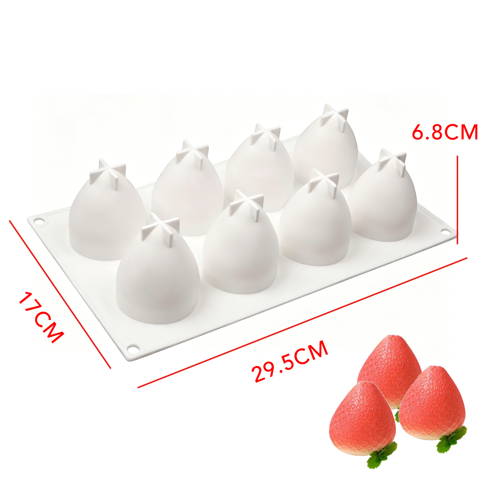 8 Cavity 3D Strawberry Silicone Mold, Food Grade Nonstick Baking Tray