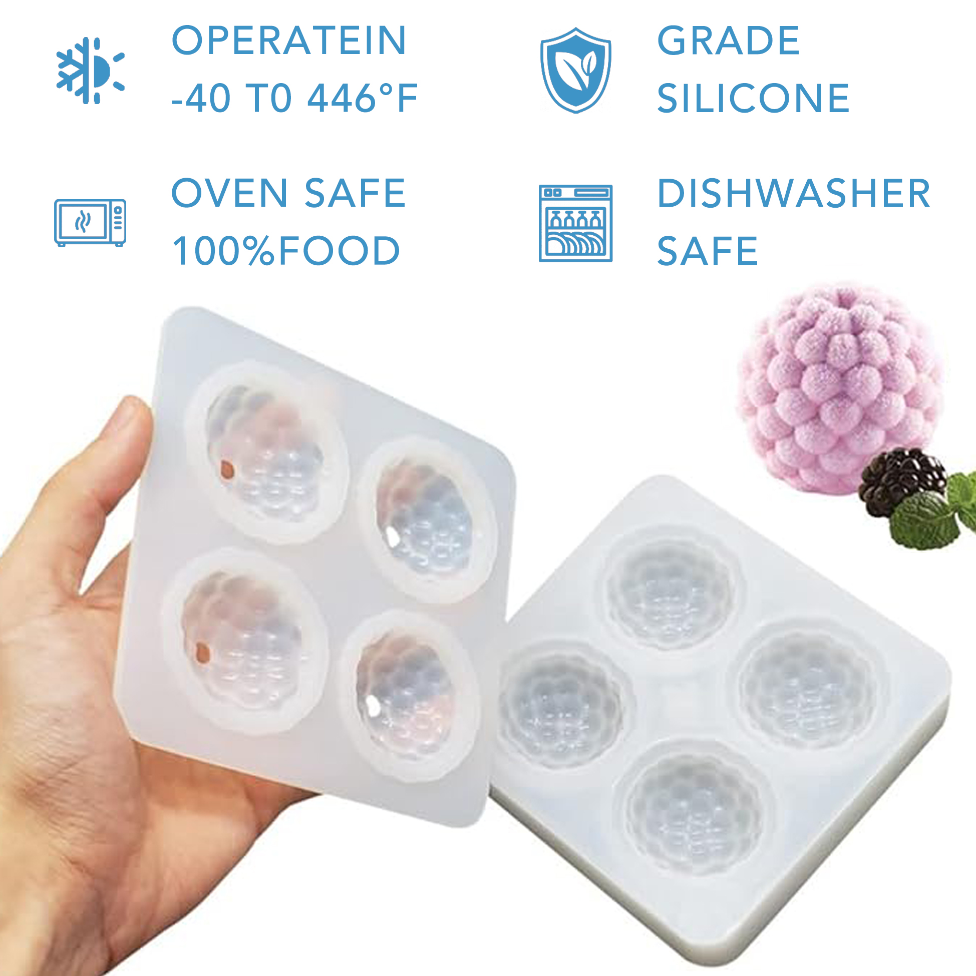 4 Cavity 3D Berry Ball Silicone Mold, Food Grade Non-Stick Silicone Mold
