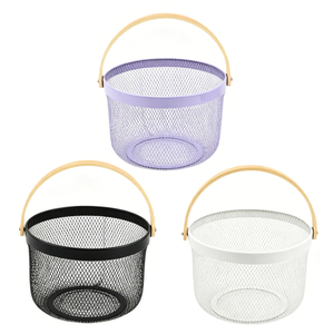 Metal Mesh Fruit Basket with Wooden Handle, Breathable Kitchen Storage Basket
