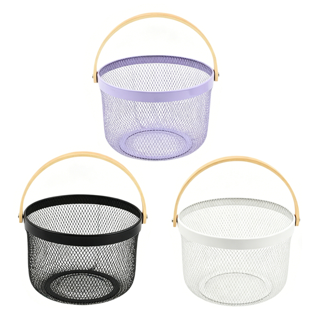 Metal Mesh Fruit Basket with Wooden Handle, Breathable Kitchen Storage Basket