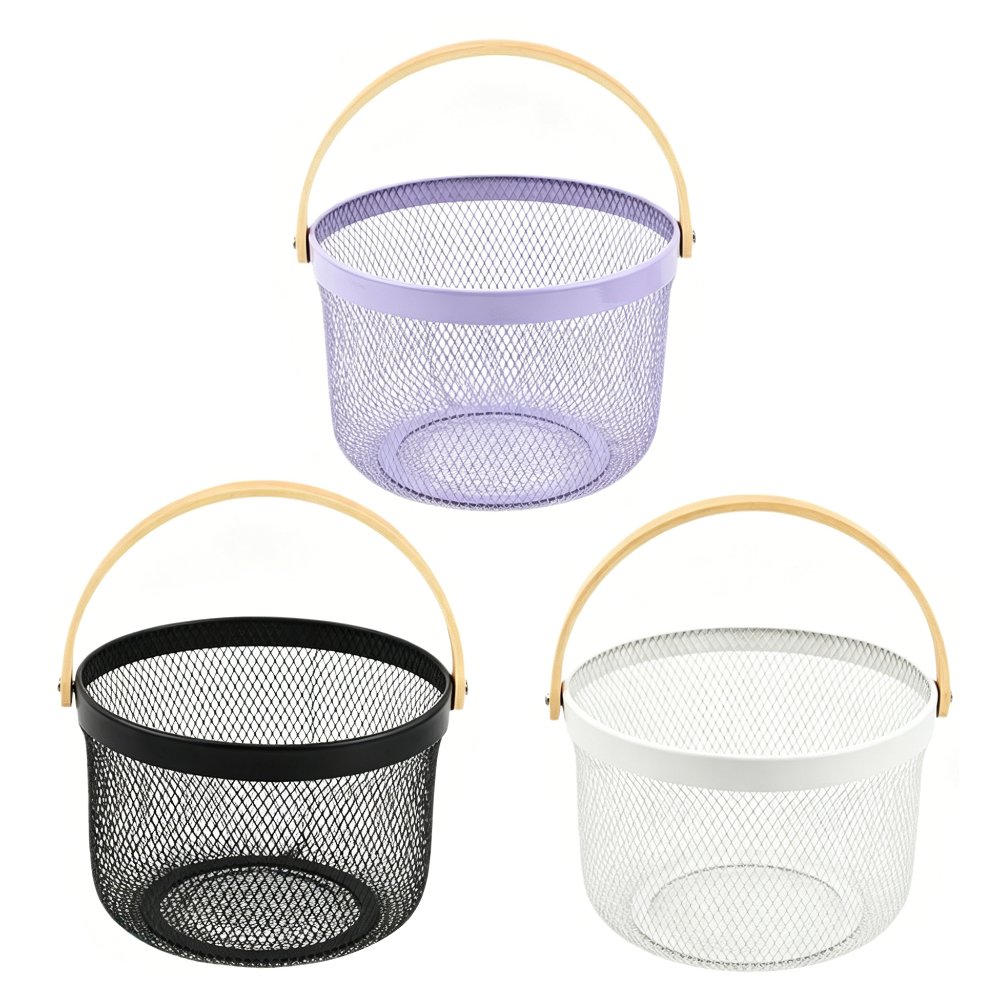 Metal Mesh Fruit Basket with Wooden Handle, Breathable Kitchen Storage Basket