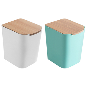 Slim Trash Can with Wooden Lid, Small Kitchen & Bathroom Waste Bin