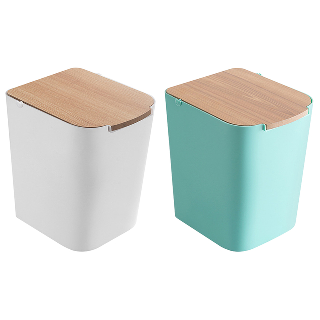 Slim Trash Can with Wooden Lid, Small Kitchen & Bathroom Waste Bin