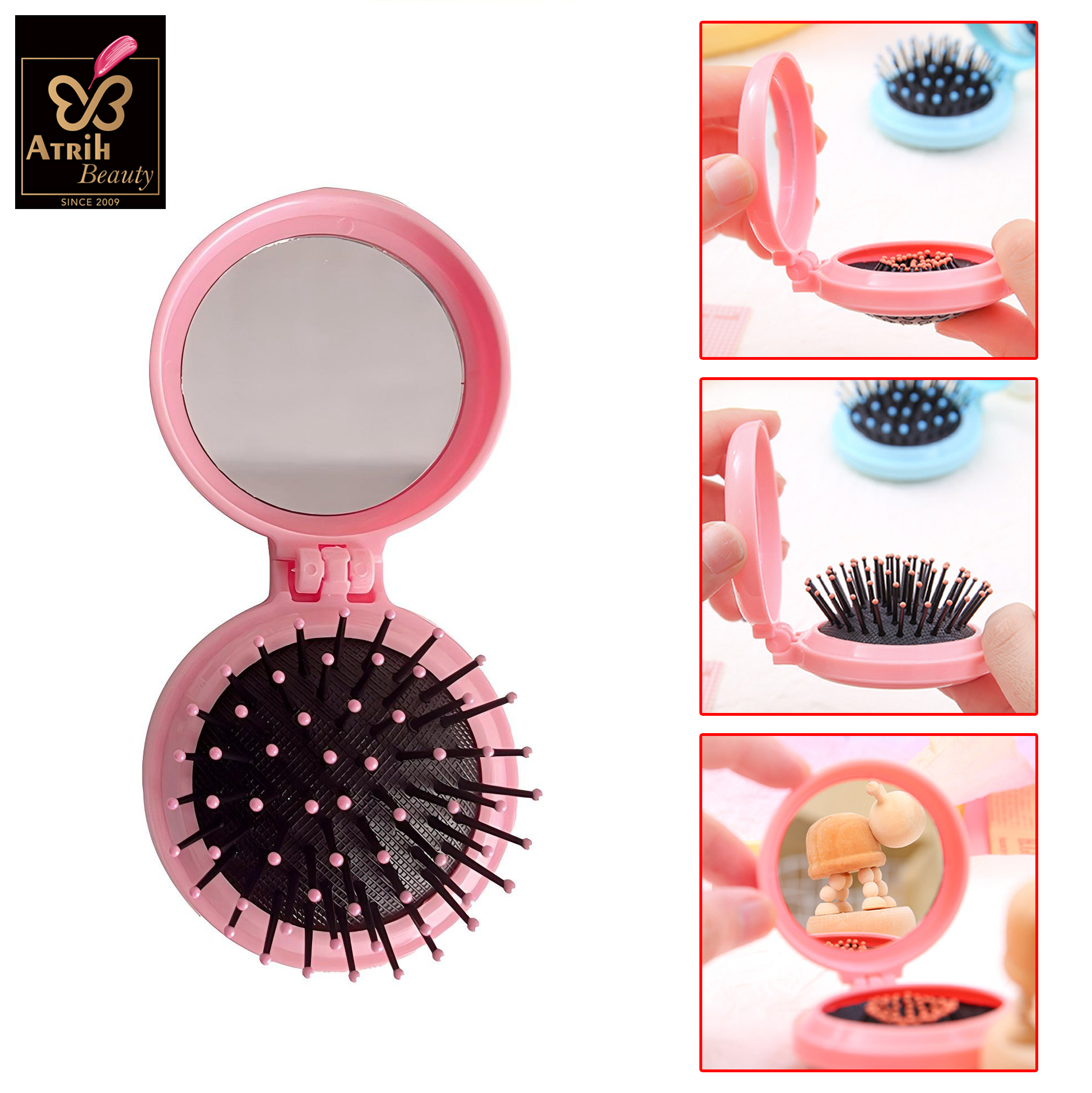  Pink Compact Hairbrush with Mirror 