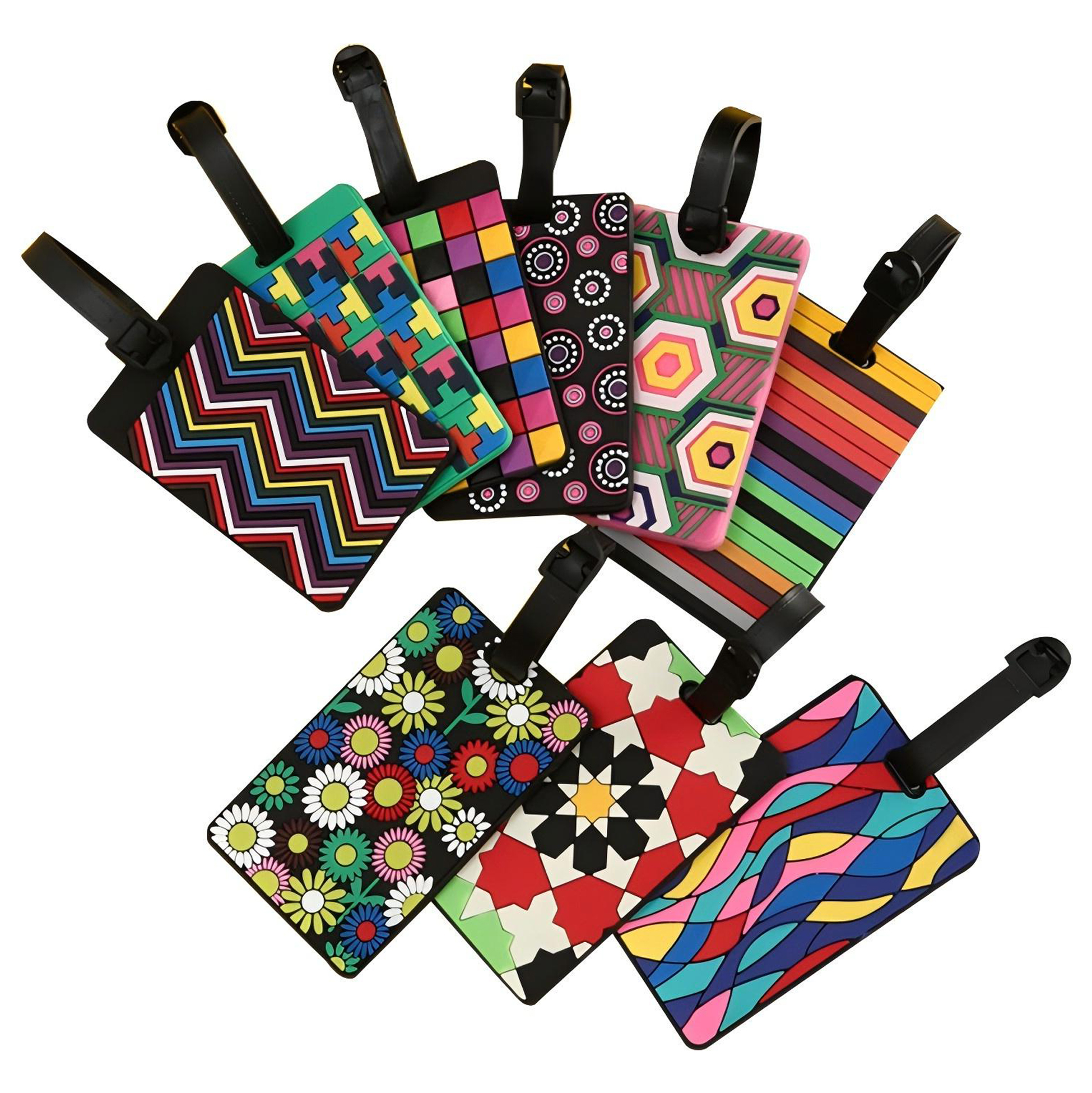 Colorful Patterned Luggage Tags with Black Strap