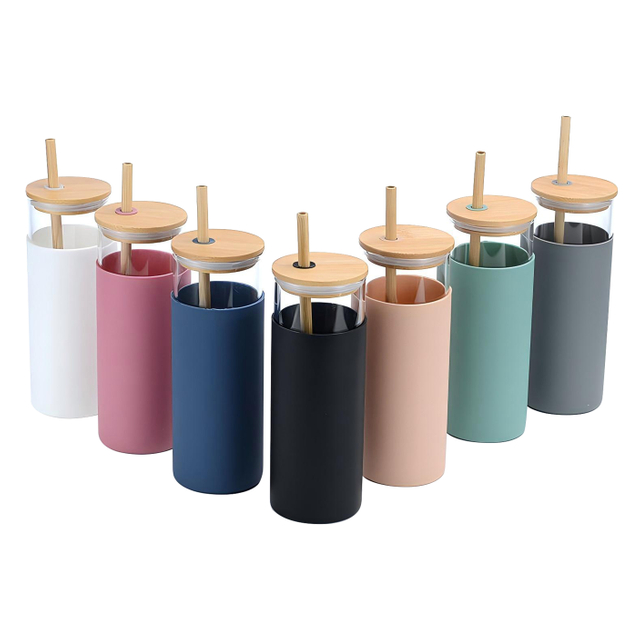 Glass Tumbler with Straw And Lid Bamboo Silicone Protective Sleeve
