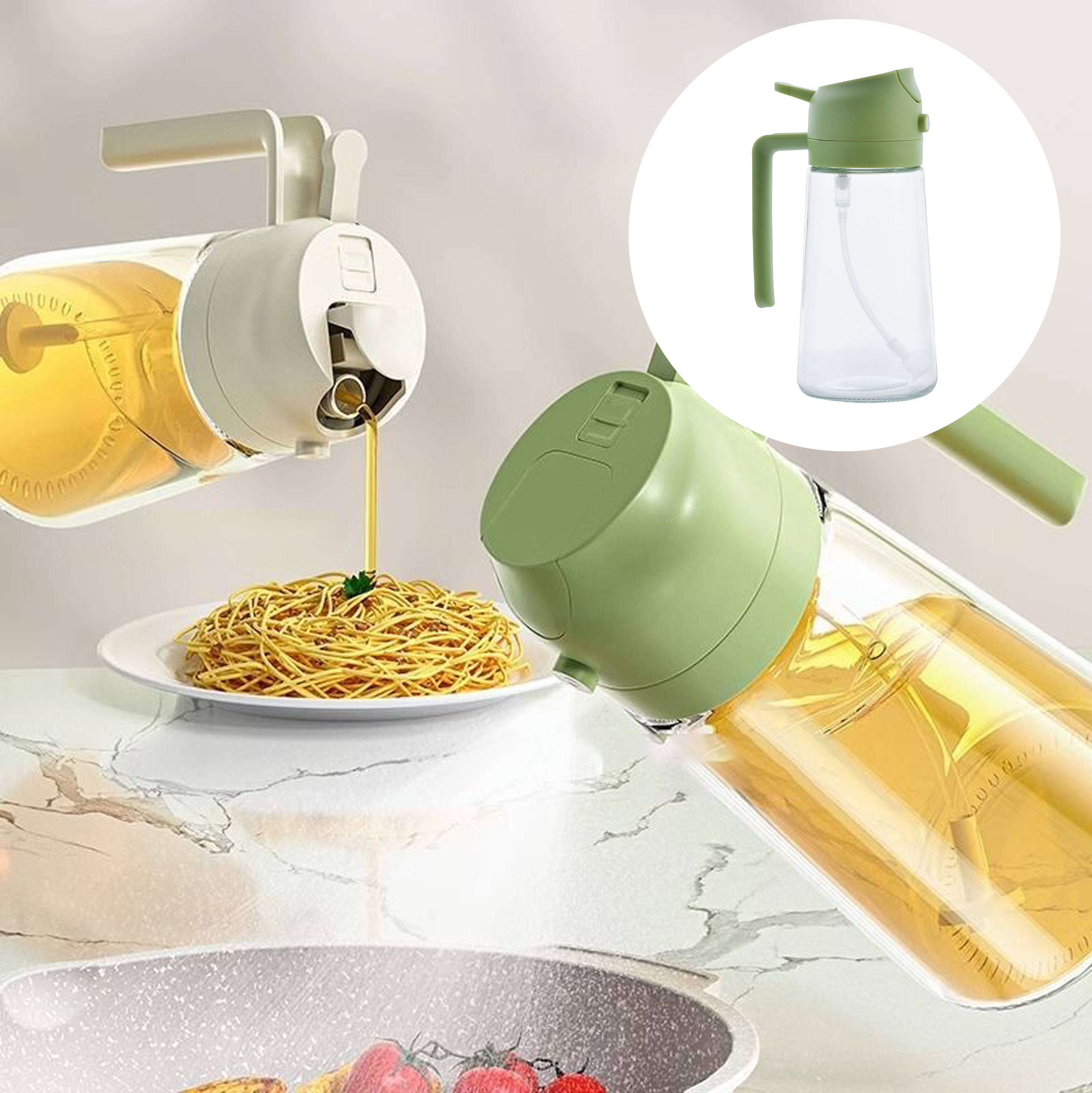 Glass Oil Dispenser Bottle with Green Plastic Lid And Spout